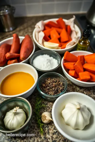 Crispy Roasted Red Sweet Potato Wedges with Thyme and Garlic ingredients