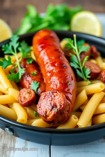 Hot Italian Roma Sausage Pasta with Roasted Bell Peppers and Spicy Tomato Sauce presentation