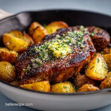 Blackstone Dinner Recipe with Garlic Butter Steak in 25 Minutes Recipe Card