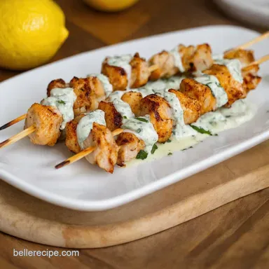 Lemon Herb recipe chicken skewers with Tzatziki Drizzle Recipe Card