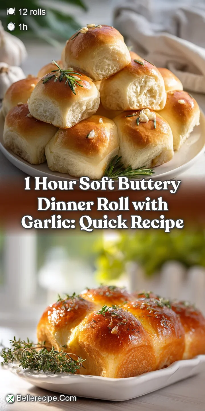 Close-up shows golden-brown, buttery dinner roll with flecks of garlic. Crumbly, warm, and soft texture is beautifully vis...