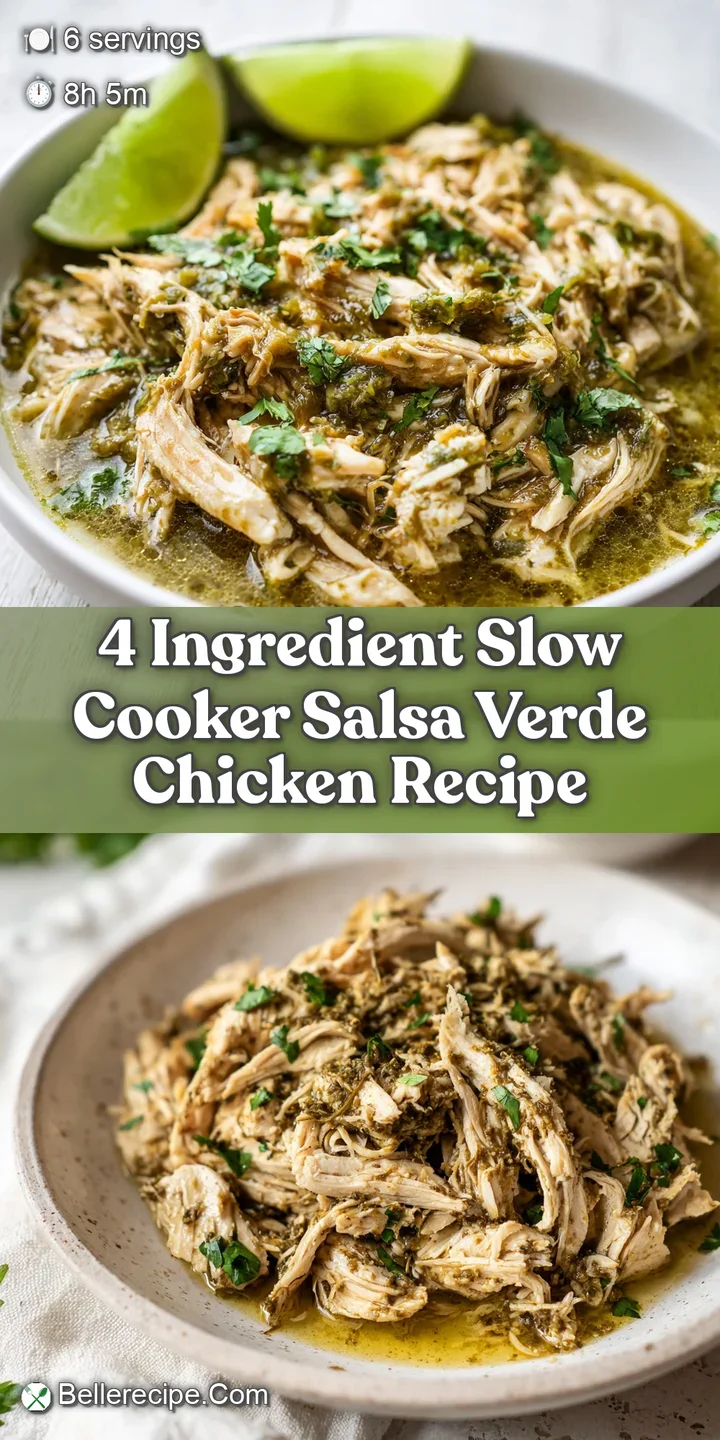 Close-up of glistening shredded chicken saturated in bright green salsa verde, hinting at the delicious slow-cooked flavor.