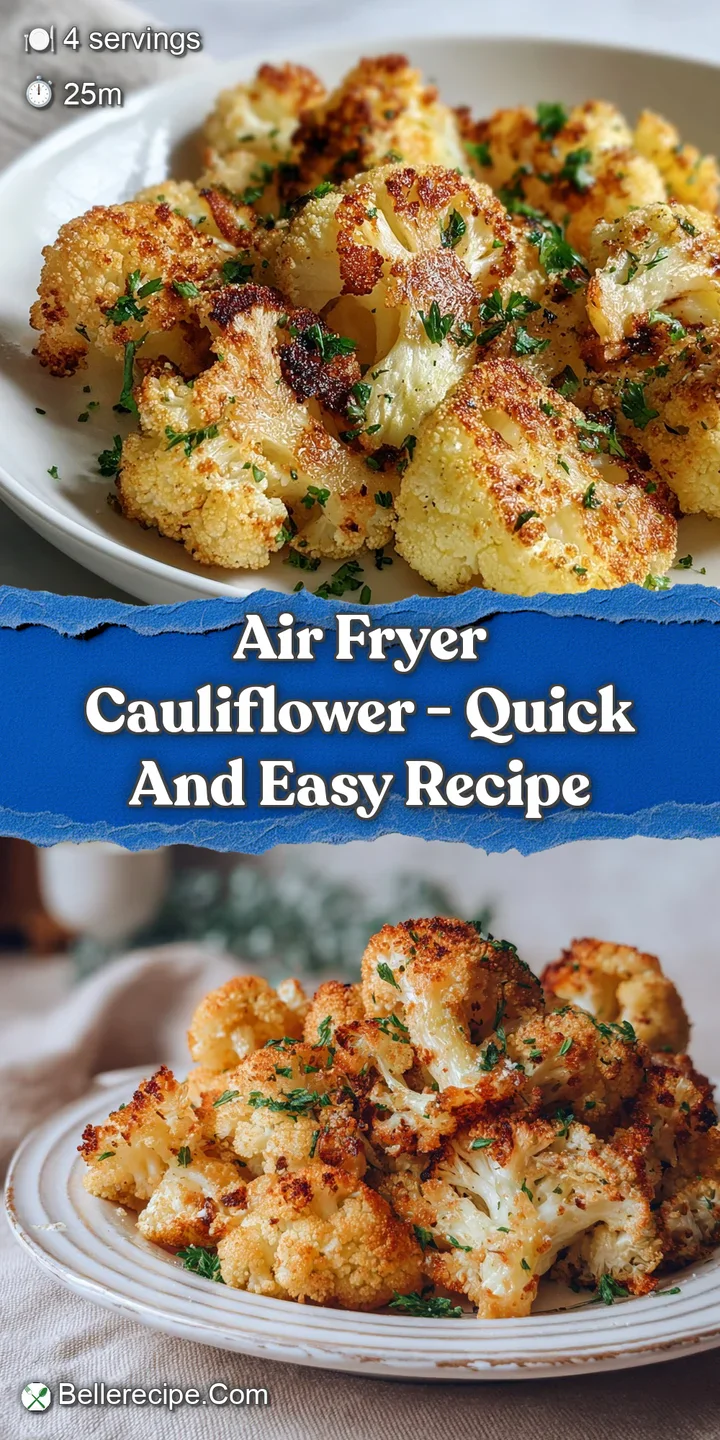 Close-up shows the golden-brown, slightly charred texture of air-fried cauliflower, showcasing its inviting crispiness and...