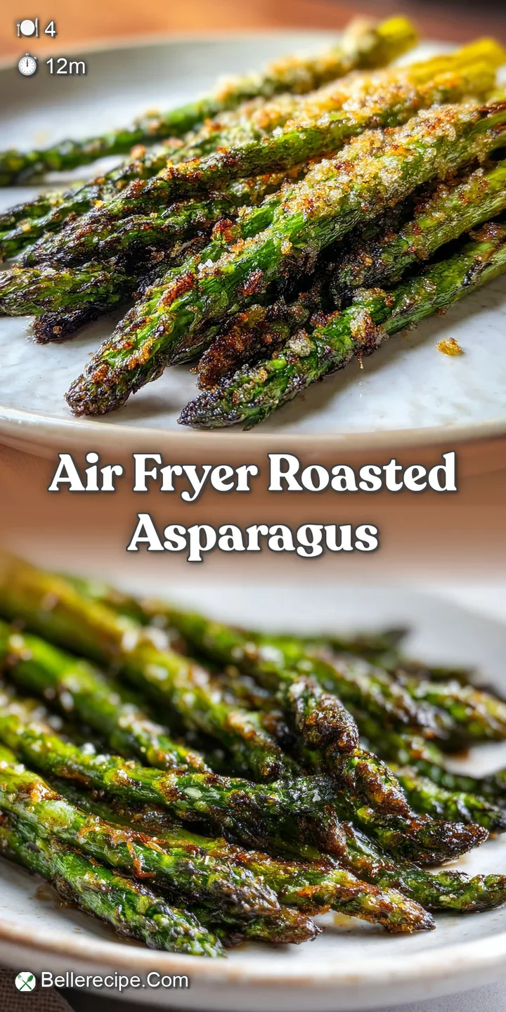 Close-up of vibrant green asparagus spears with beautifully blistered and browned tips, showcasing a light sheen of olive ...
