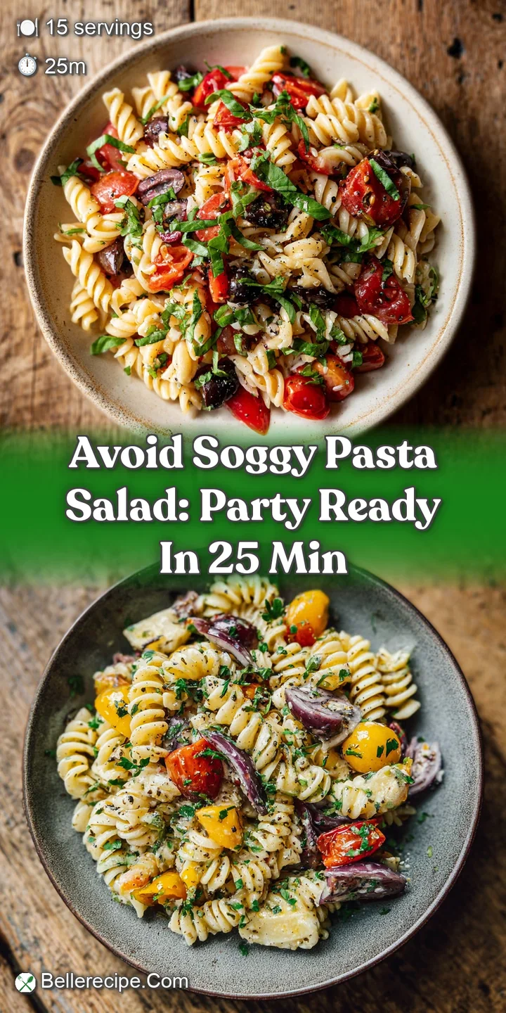 Close-up of glossy, dressed pasta salad with bright pops of red pepper, green herbs, and tender pasta. Fresh and flavorful...