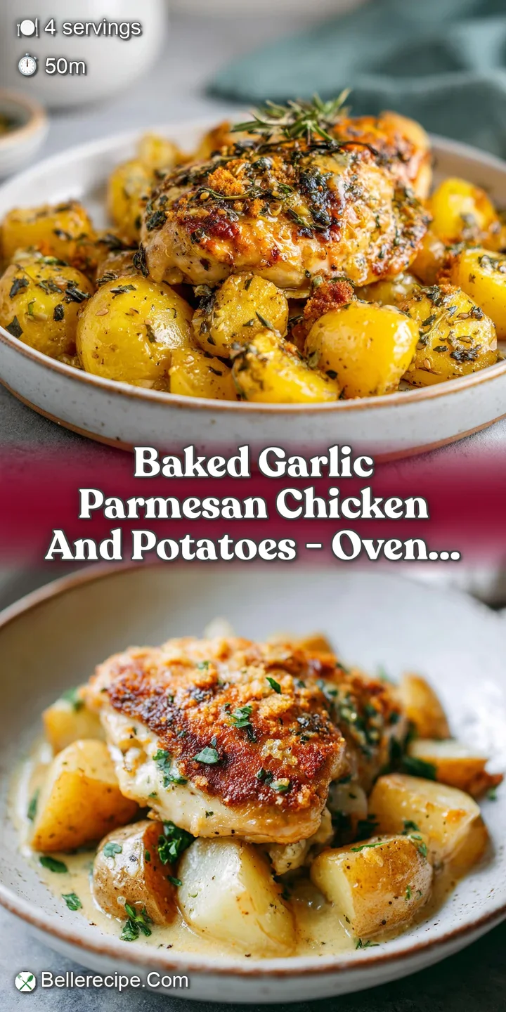 Juicy, baked chicken glistening with a garlic parmesan crust. The potatoes look fluffy and are seasoned with herbs. Close ...