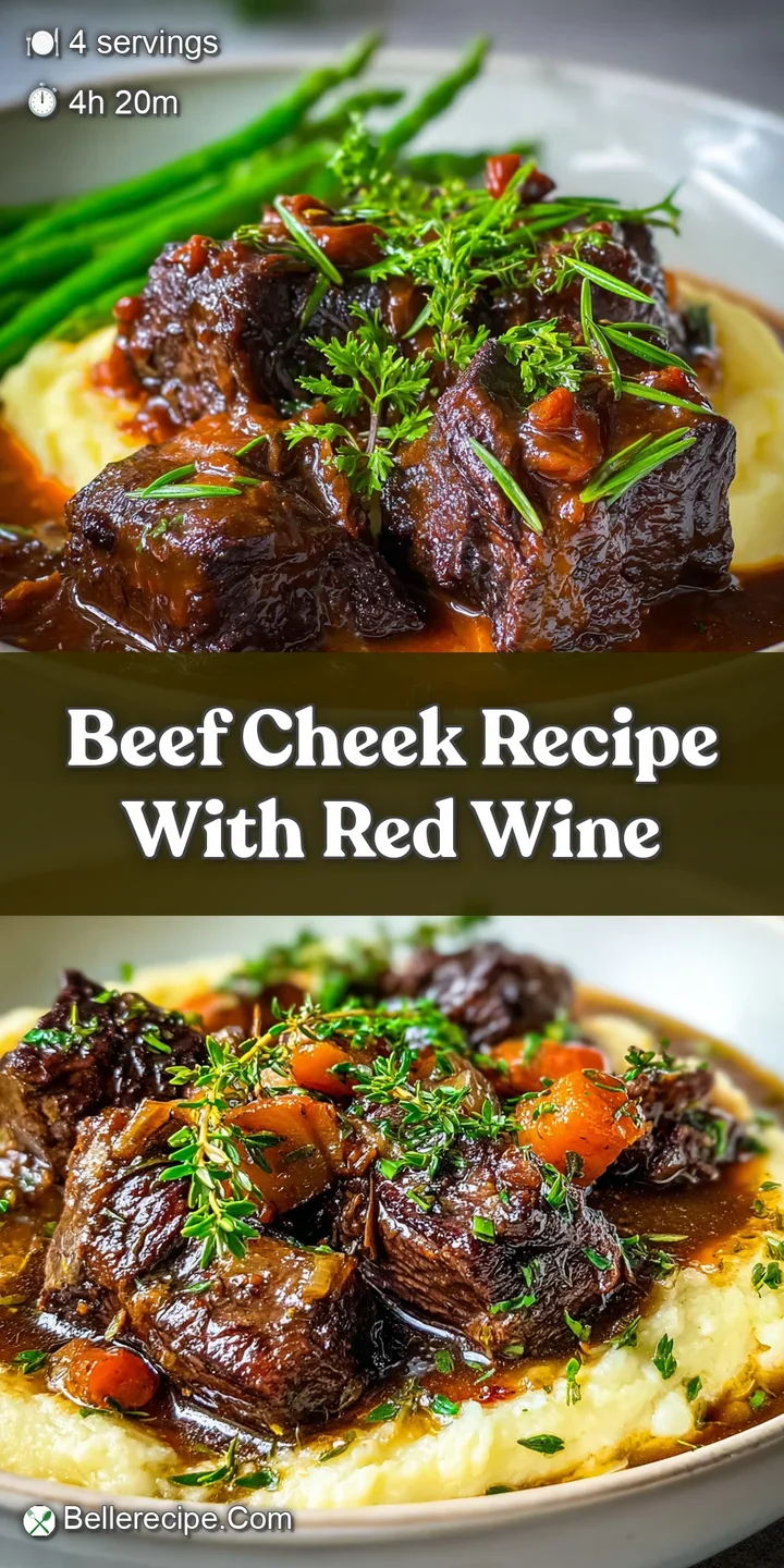 Close-up showcasing the melt-in-your-mouth texture of slow-braised beef cheek, coated in a deeply colored, savory red wine...