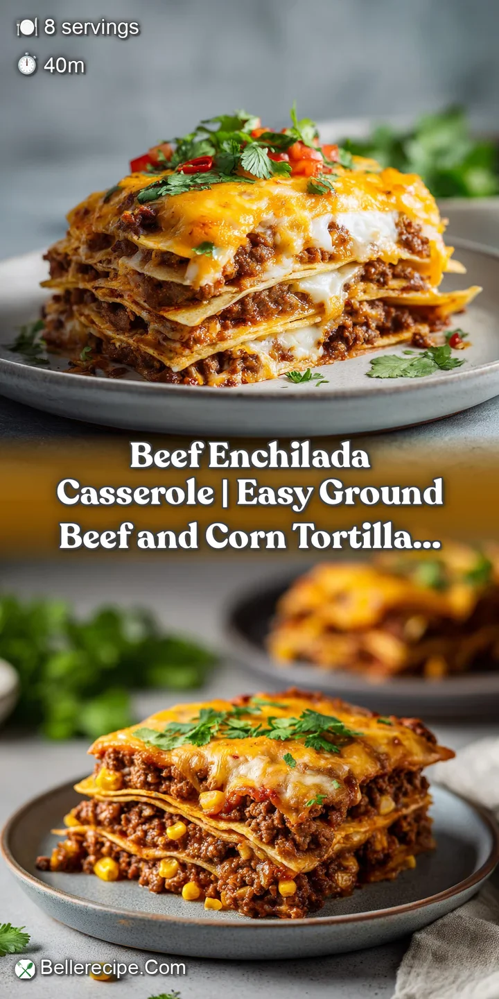 Close-up of bubbling, cheesy beef enchilada casserole with streaks of red enchilada sauce and tortilla edges.