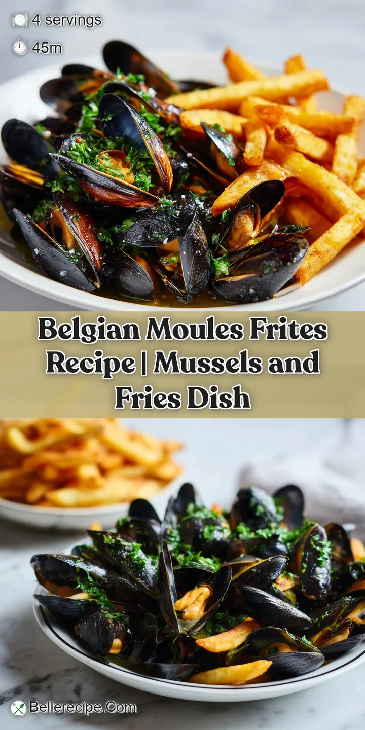 Close-up of succulent, briny mussels glistening in a savory broth, with a single crisp fry reaching out.