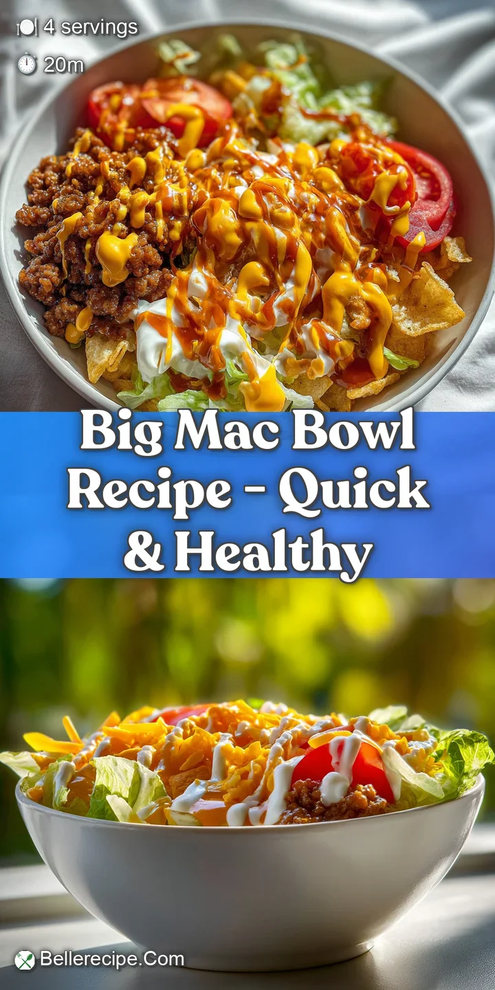 Close-up captures ground beef, melty cheese, special sauce, and pickle of a Big Mac bowl, glistening with savory goodness.