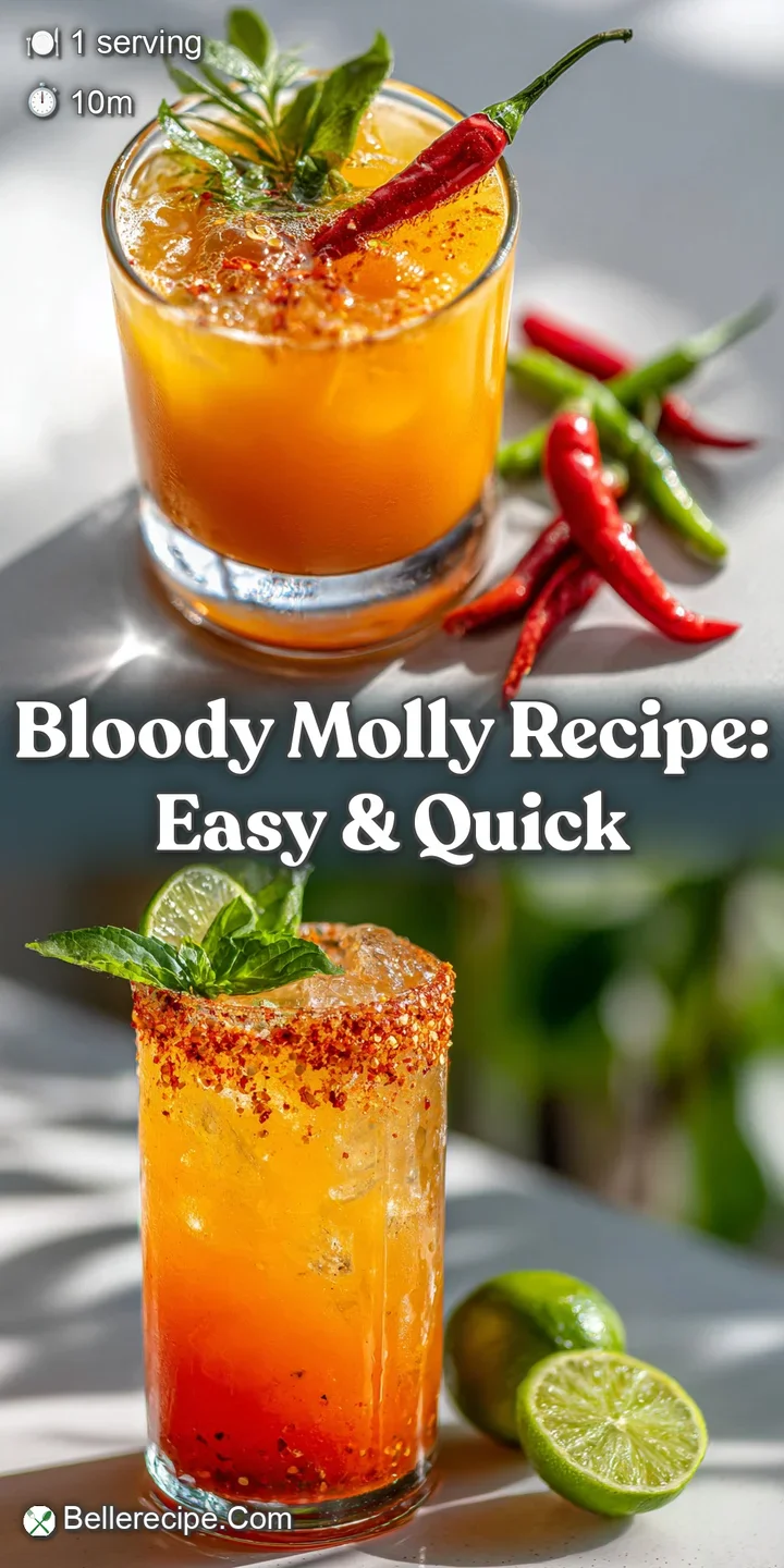 Close-up of the Bloody Molly drink, showcasing the spicy red color, ice cubes swirling, a fresh lime slice, beads of moist...