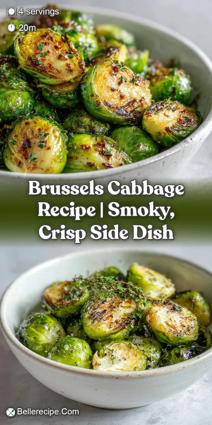 Close-up shows crispy, browned Brussels sprouts and cabbage; the smoky char texture is visible on each tender leaf.