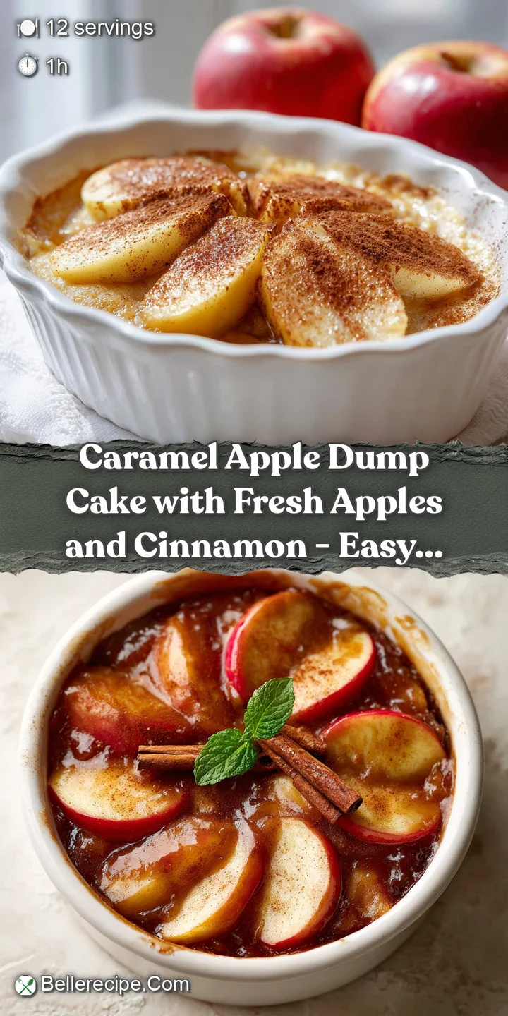 Close-up of gooey, melted caramel cascading over tender baked apple slices in a rustic dump cake with a golden streusel.