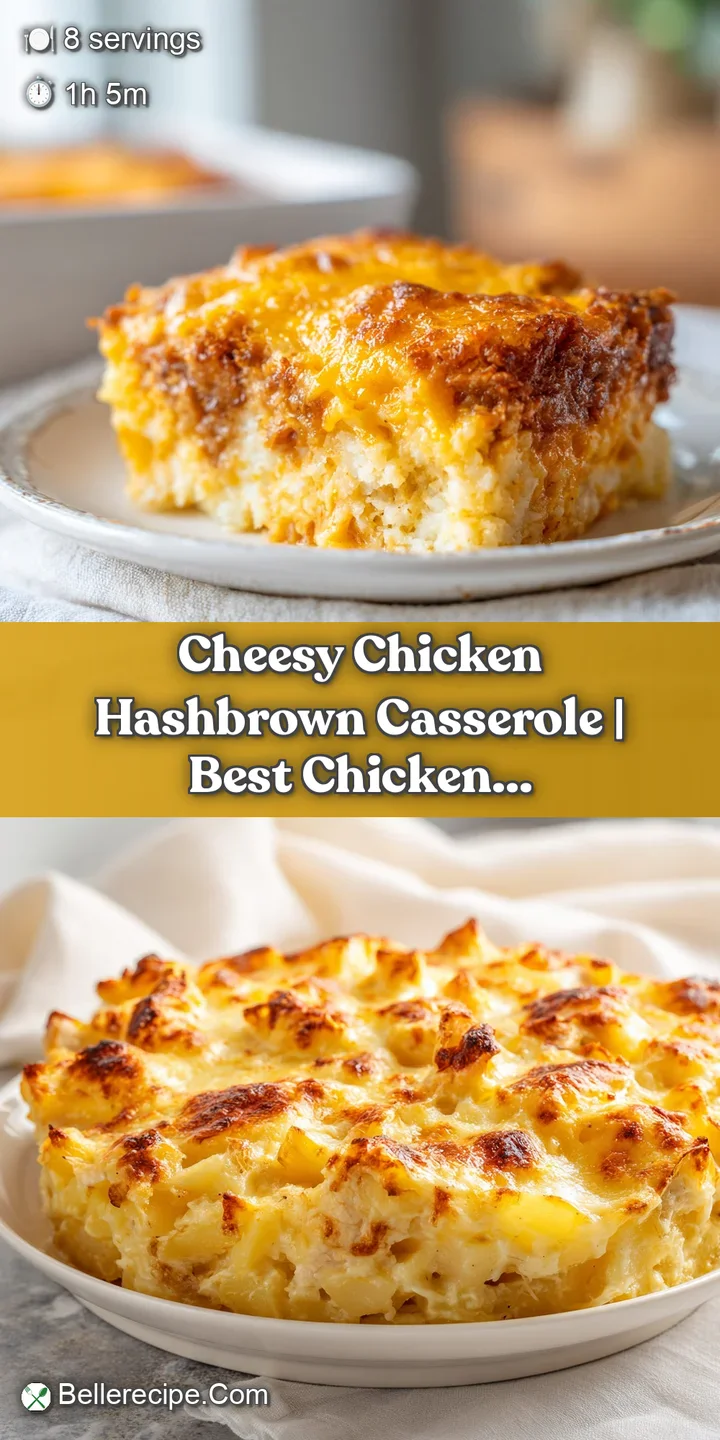 Extreme close-up of crispy, golden shredded potatoes and tender chicken pieces enveloped in a rich, creamy sauce.