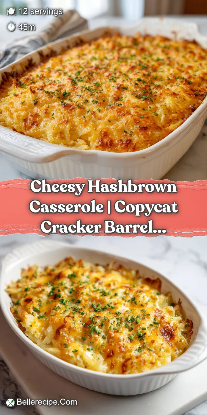 Close-up of creamy, cheesy hash browns with a perfectly golden-brown, crispy top layer.
