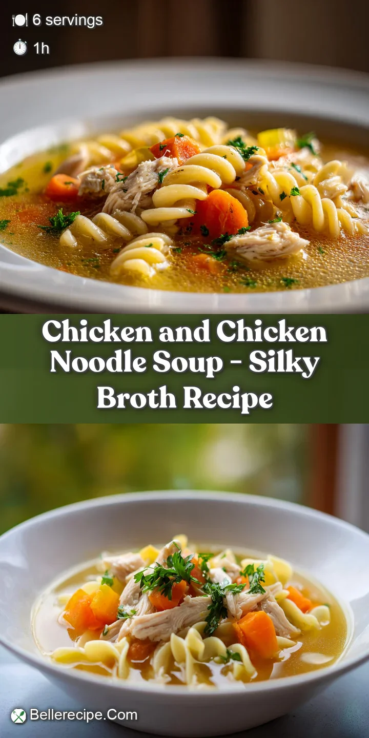 Close-up of steaming chicken noodle soup showing plump noodles, tender chicken, and colorful vegetables in a savory broth.