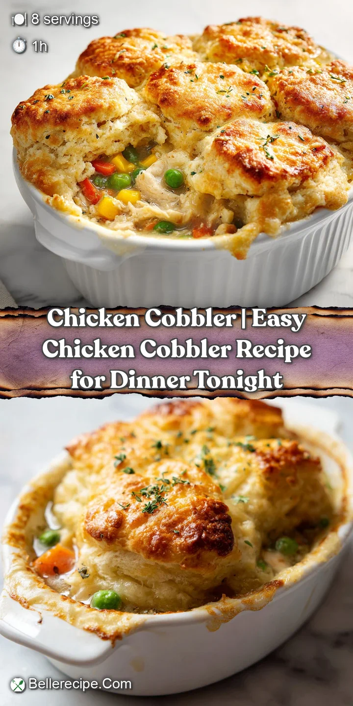 Close-up of bubbling, golden-baked chicken cobbler, showcasing tender shredded chicken and a rich, savory filling.
