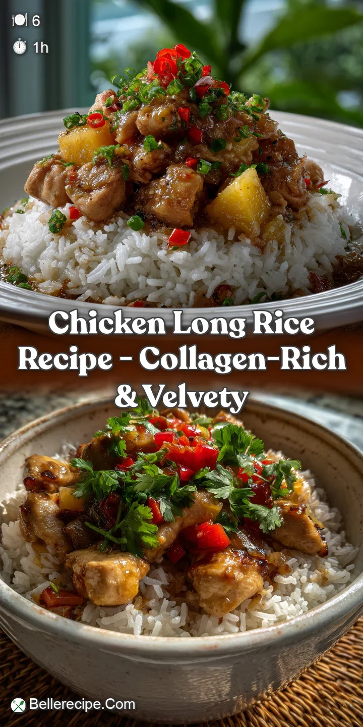 Steaming bowl of chicken long rice featuring tender noodles, shredded chicken, vibrant green onions, and a rich, clear broth.