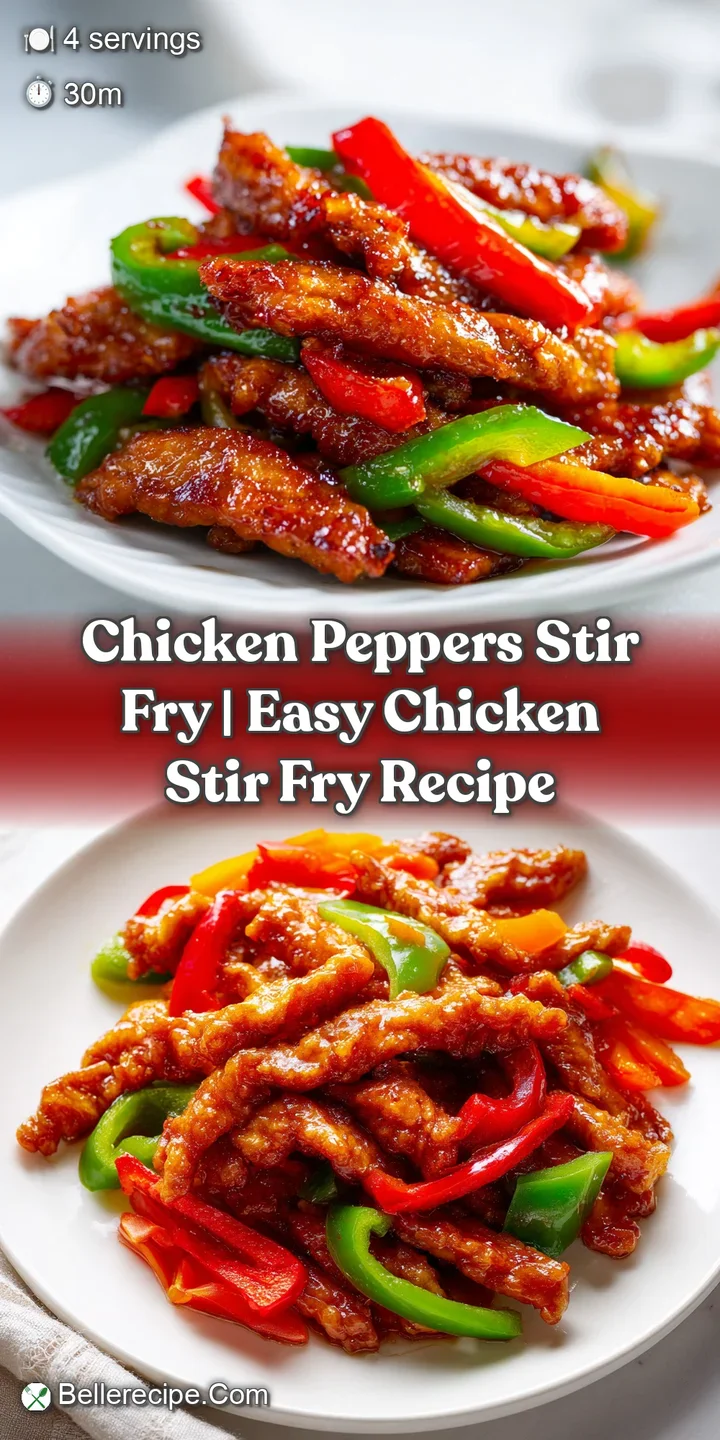 Close-up of tender chicken pieces and shimmering red peppers coated in a rich, savory glaze with fresh green onions.