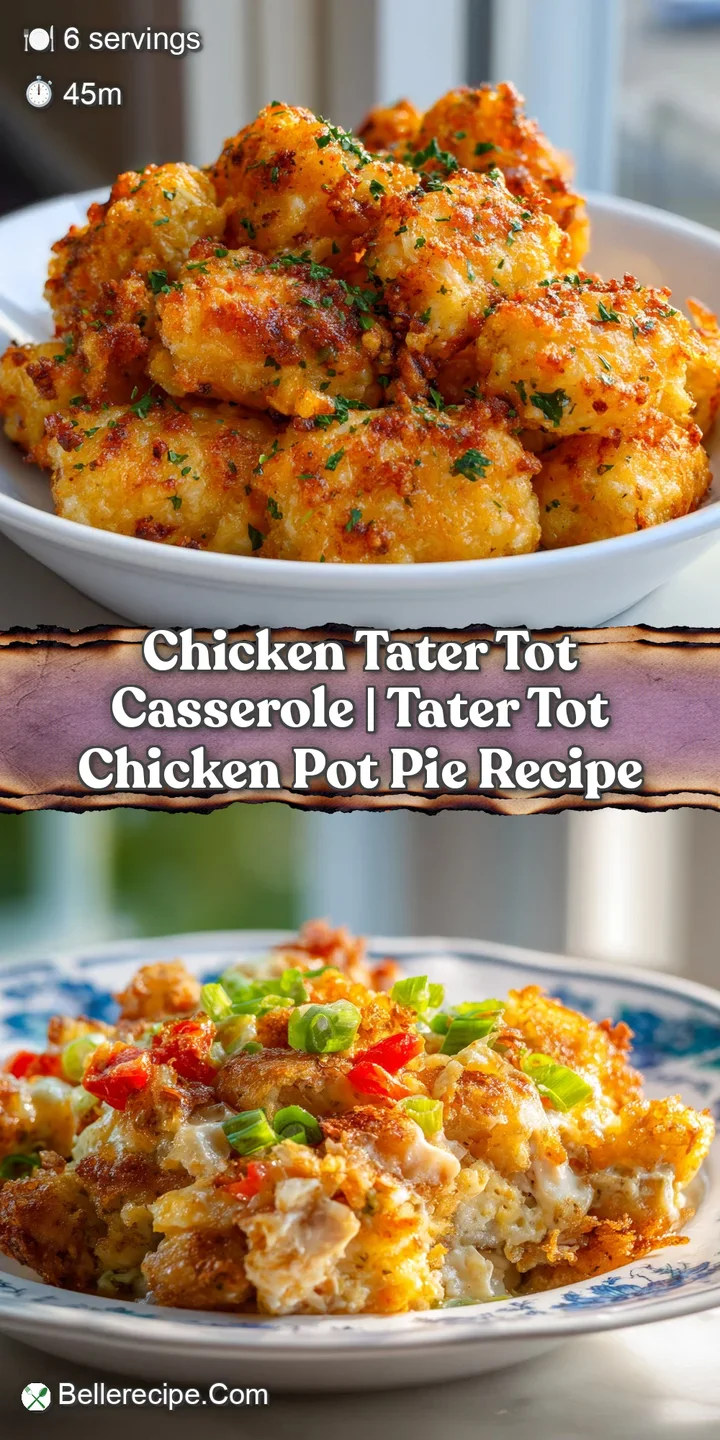 Close-up of a golden tater tot topping, hot and crispy, over a luscious chicken and vegetable filling.