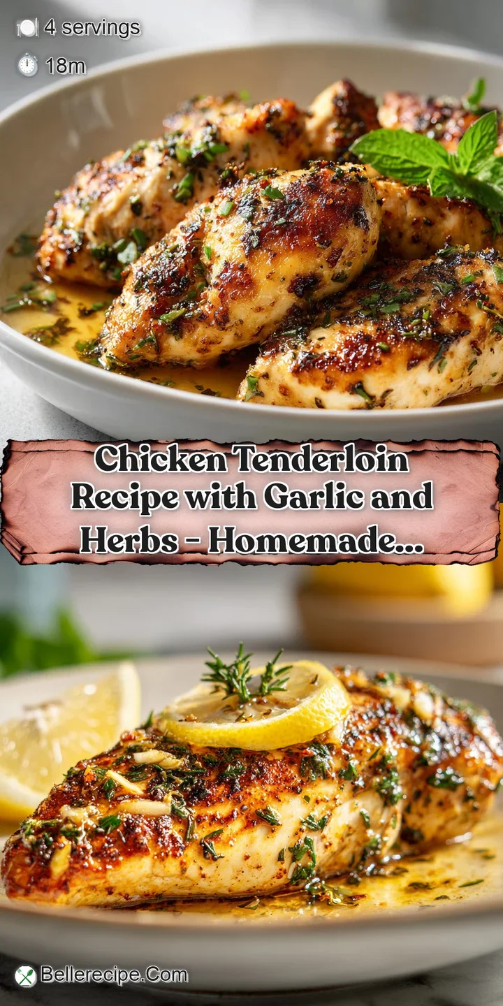 Close-up of succulent chicken tenderloin, showcasing the browned edges, fresh herbs, and glistening garlic. An irresistibl...