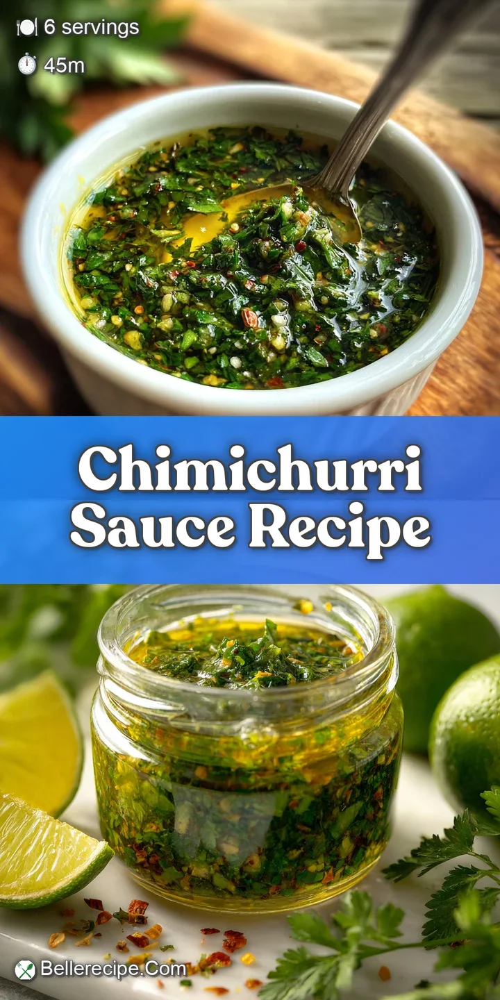 Close-up of chimichurri's glistening texture, bright green herbs suspended in olive oil, hints of red pepper flakes add a ...