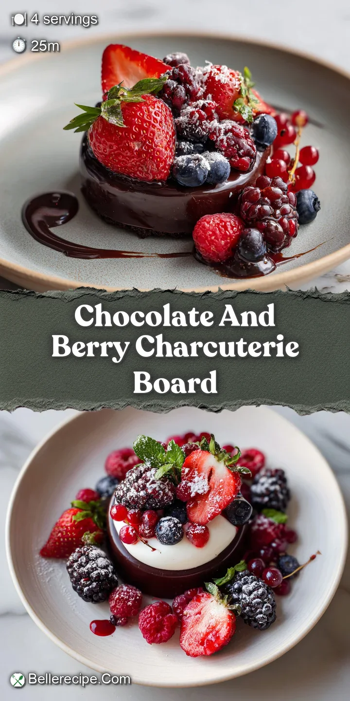 Close-up of dark chocolate squares, juicy blackberries, and a dusting of powdered sugar on a decadent dessert charcuterie ...