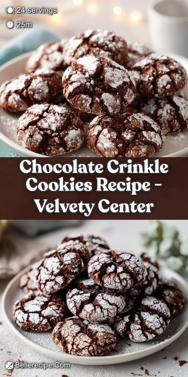 Close-up of a chocolate crinkle cookie revealing the cracked, powdered sugar coating and fudgy chocolate within. Intense,...