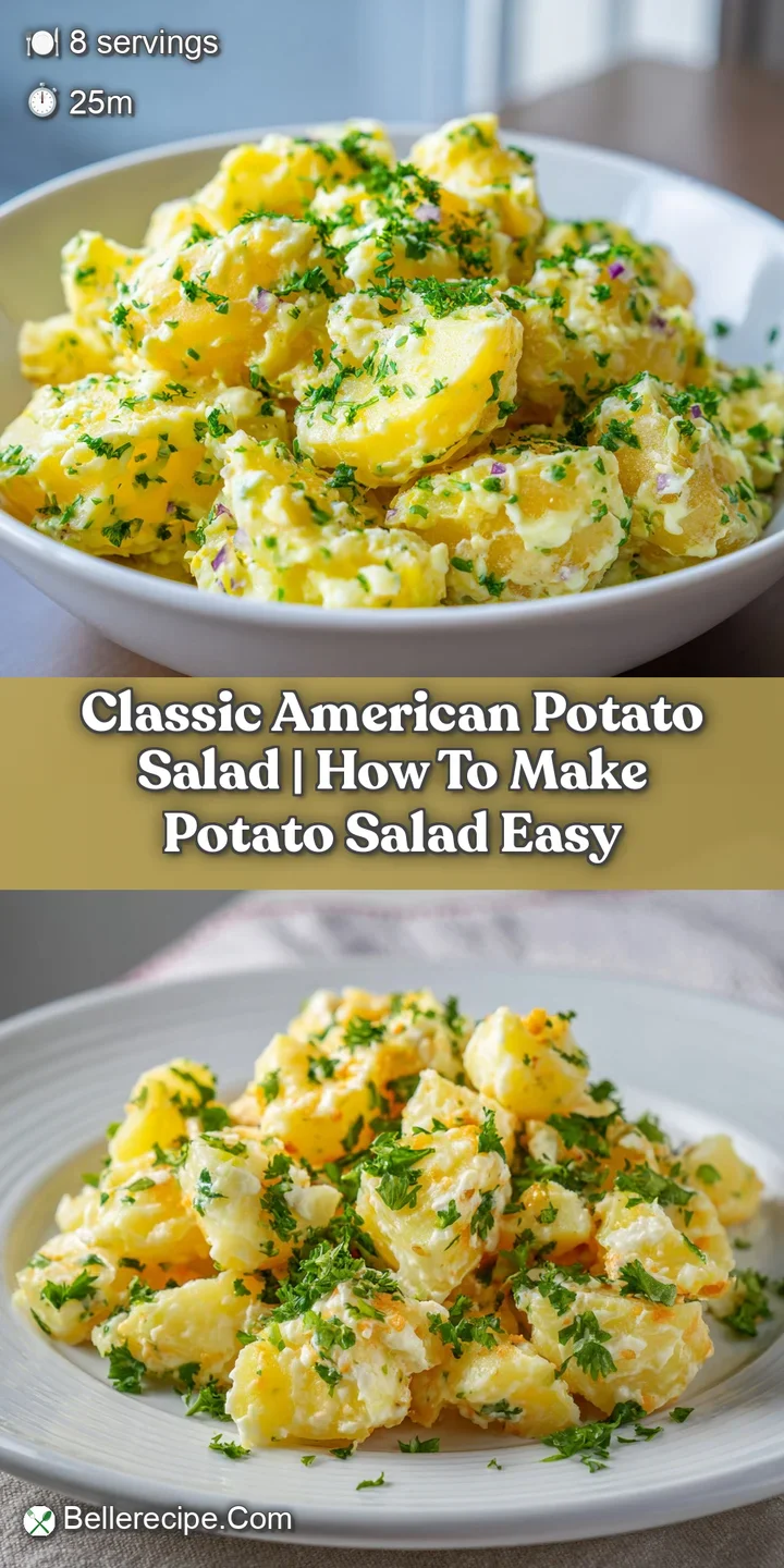 Close-up of potato salad showing creamy texture, tender potatoes, and vibrant flecks of herbs and seasonings.