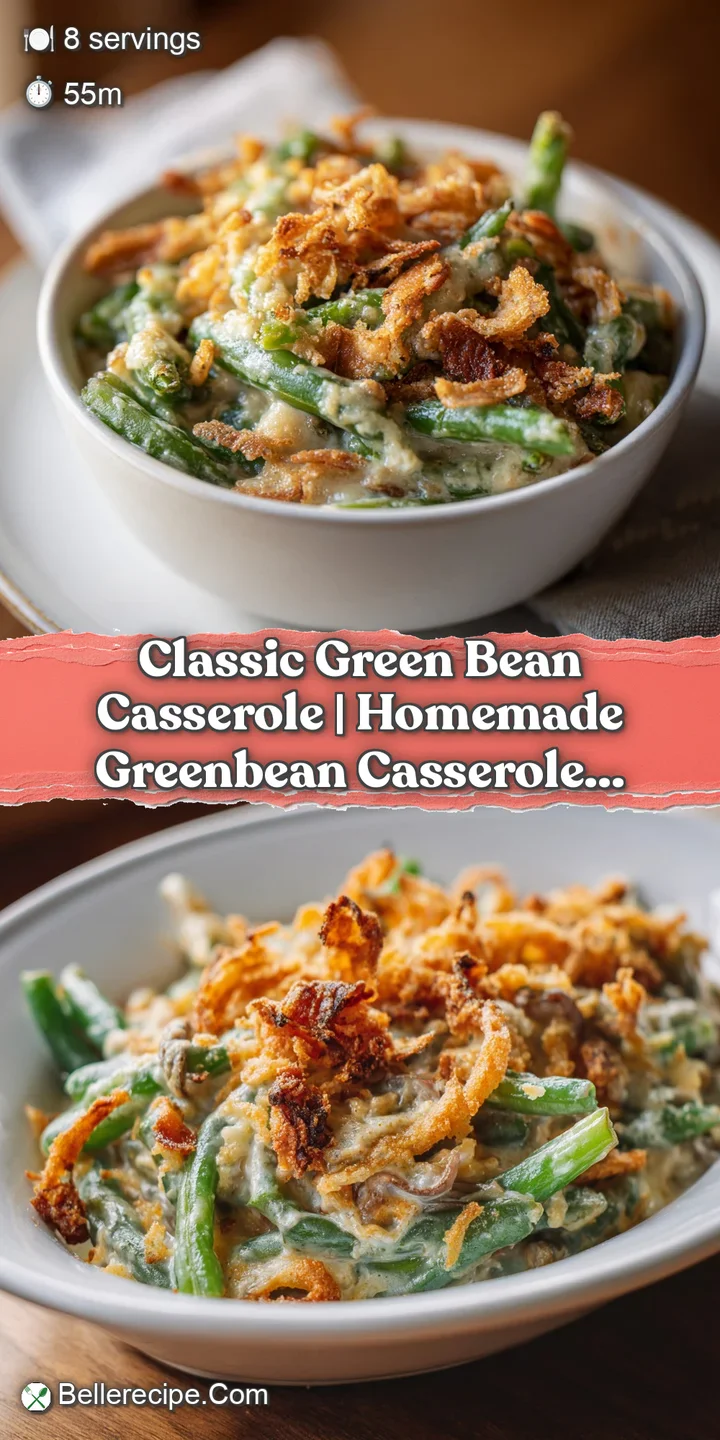 Close-up of bright green beans enveloped in a creamy, savory sauce, crowned with crunchy, golden fried onions.