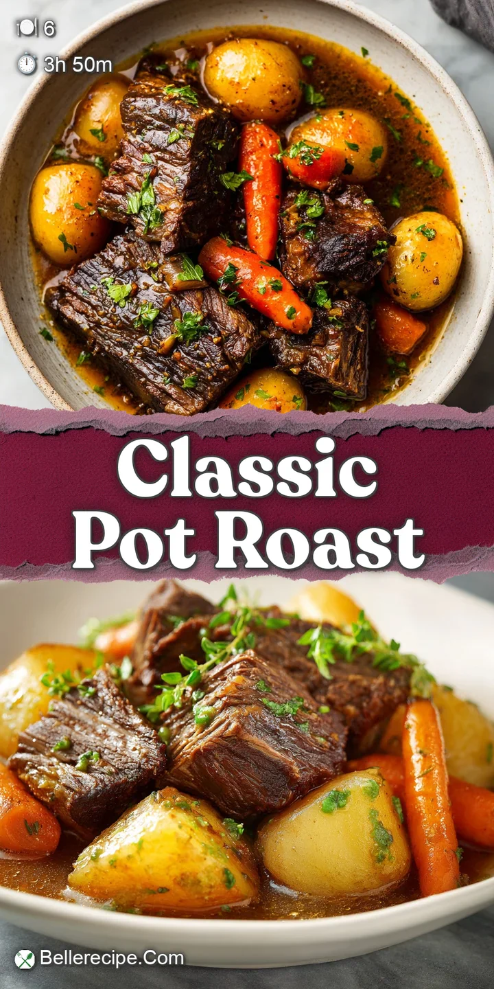 Close-up of fork tender pot roast, glistening with a savory red wine glaze, promising a flavorful and comforting bite.