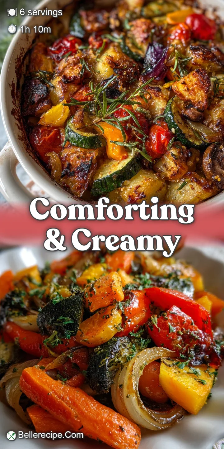 Appetizing close-up of the vegan casserole, highlighting the rich colors and textures of the perfectly roasted garden vege...