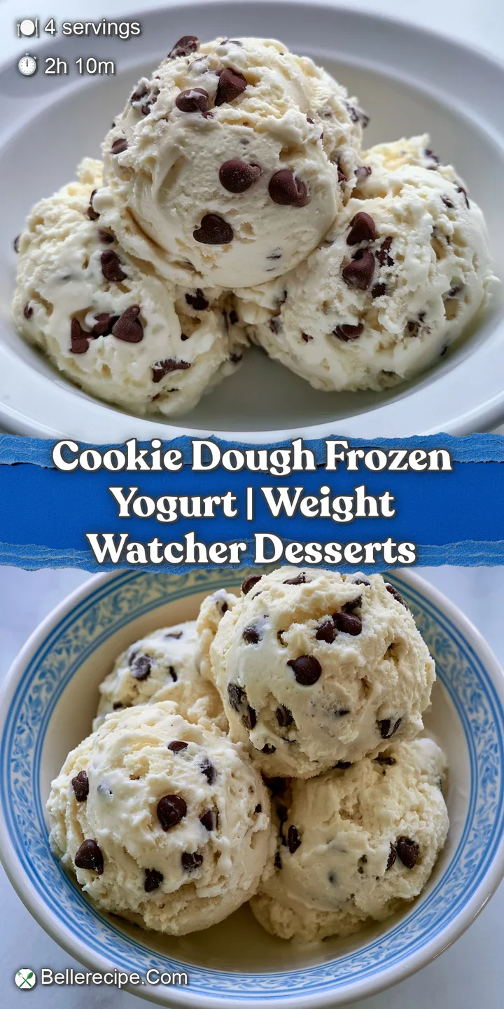 Macro view of frosty white yogurt featuring a gooey brown cookie dough piece and a glistening chocolate chip.