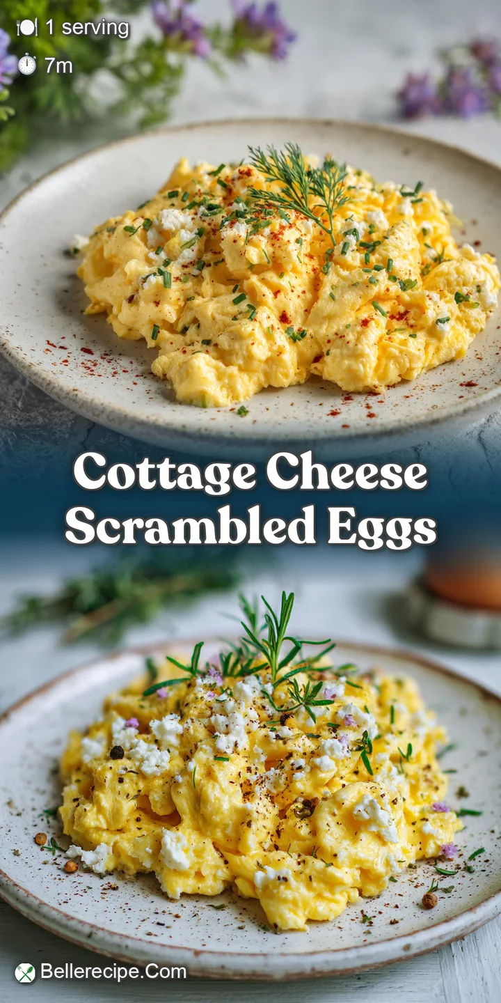 Close-up of creamy, pale yellow scrambled eggs with tender curds of cottage cheese creating a comforting, inviting texture.
