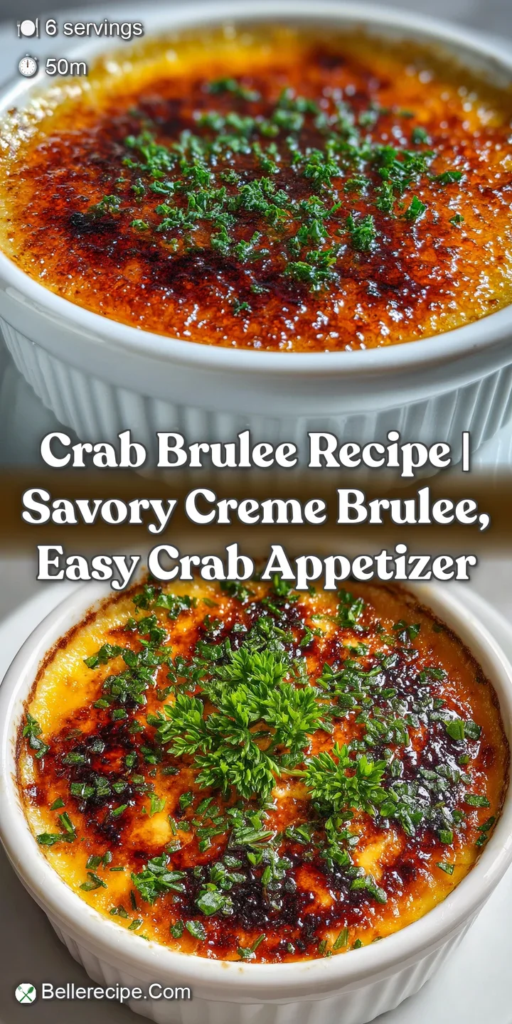 Close-up of a crab brulee, a warm caramel top shatters to reveal a creamy custard. A rich, glossy surface is complemented ...