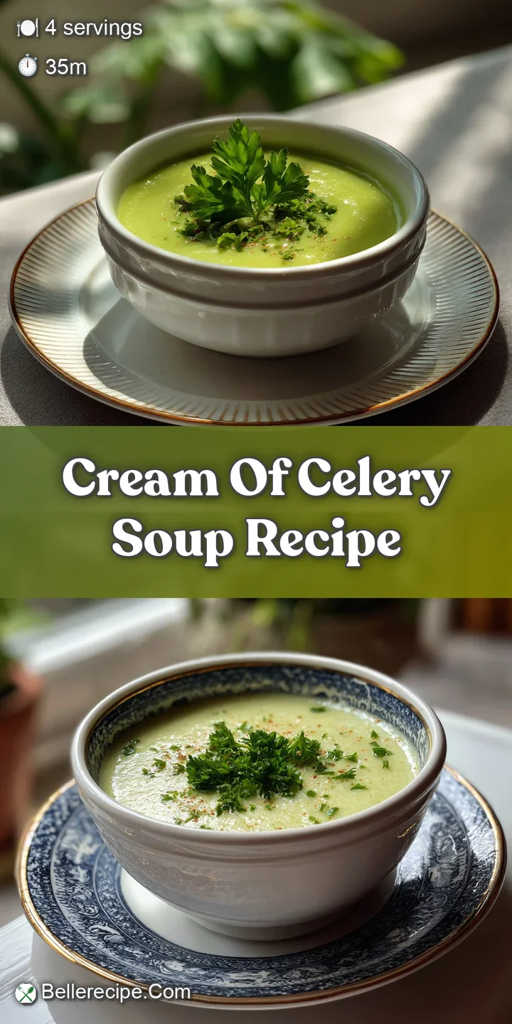 Close-up of velvety cream of celery soup, showcasing its smooth texture and flecks of fresh herbs, inviting and comforting.