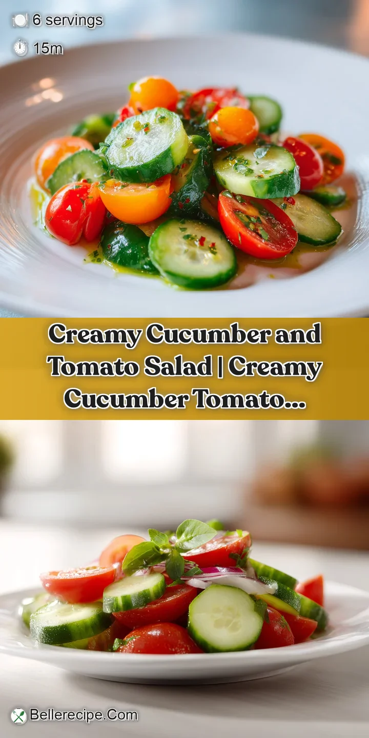 Close-up of glistening cucumber slices and juicy tomato halves coated in a light, creamy dressing.