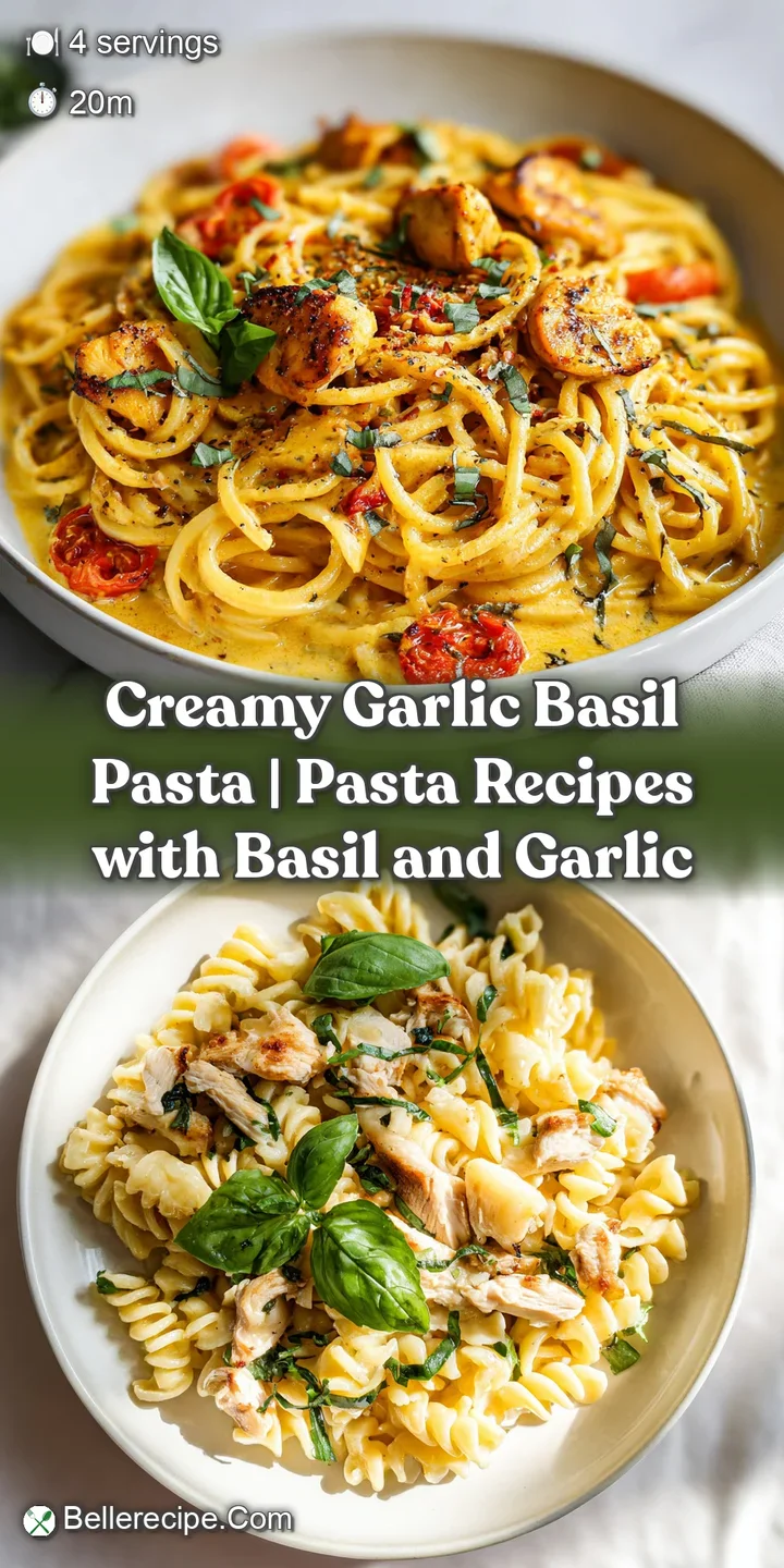 Close-up of glossy pasta strands in a rich, creamy garlic and basil sauce with juicy chicken bites.
