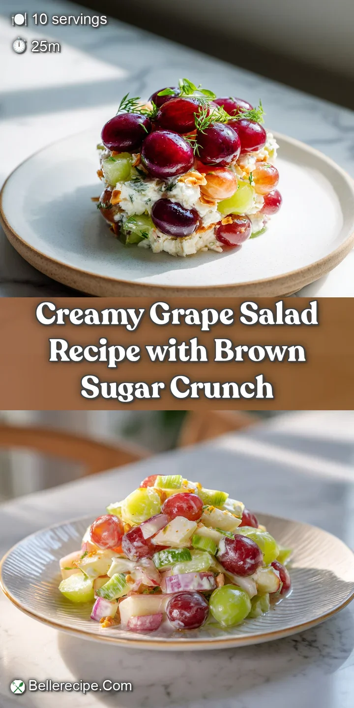 Close-up of a spoonful of creamy grape salad. Plump green grapes glisten amidst a velvety white dressing, with visible pec...