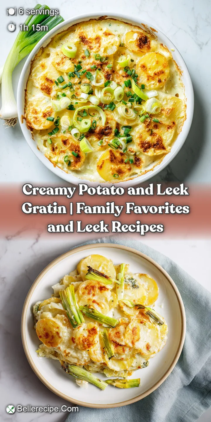 Close-up of soft, fluffy potato slices layered with wilted leeks in a rich, creamy sauce.