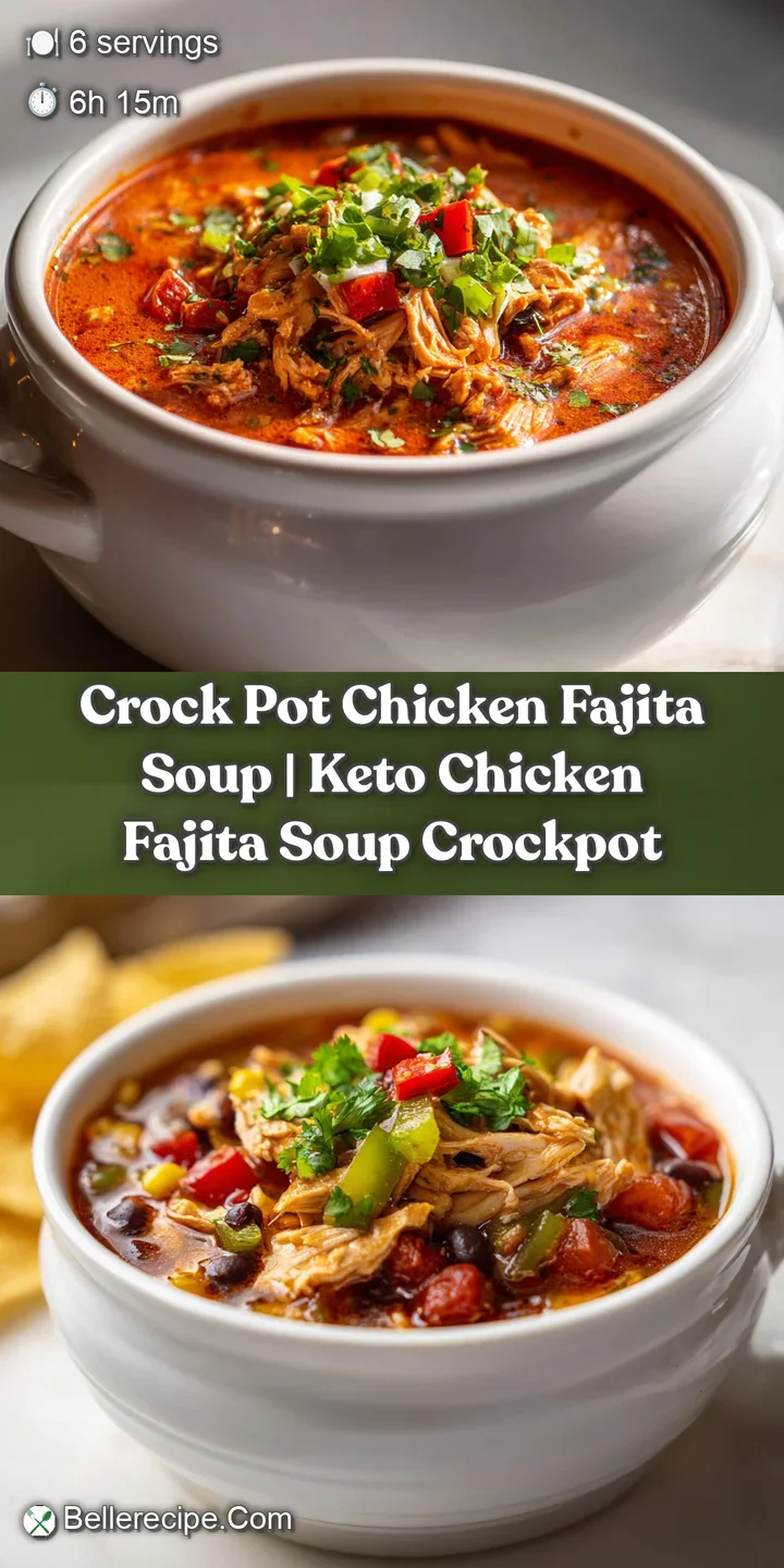 Close-up of creamy chicken fajita soup, showcasing colorful bell peppers, shredded chicken, and a sprinkle of spices.