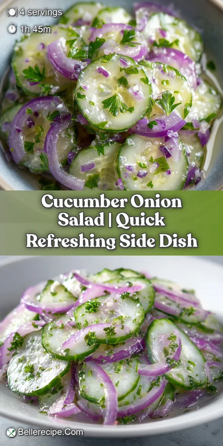 Macro shot of crisp, watery cucumber rounds and slivers of red onion glistening under a light, zesty vinaigrette.