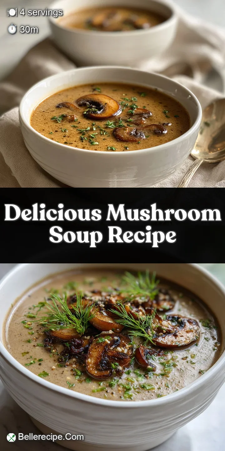 Close-up of mushroom soup reveals rich, brown hues and velvety texture. Fresh parsley adds a pop of color; a comforting, i...