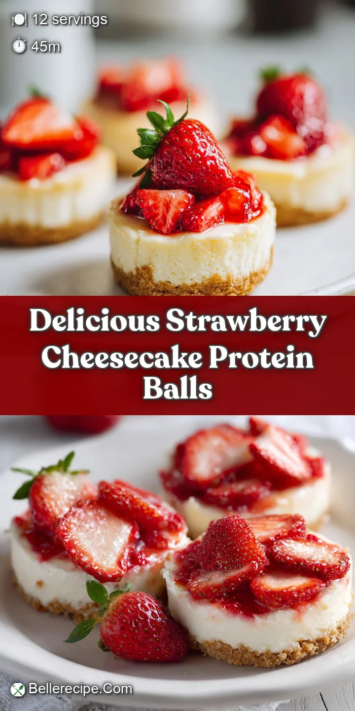 Close-up captures the soft, chewy texture of a strawberry cheesecake protein ball, with visible coconut and berry pieces.