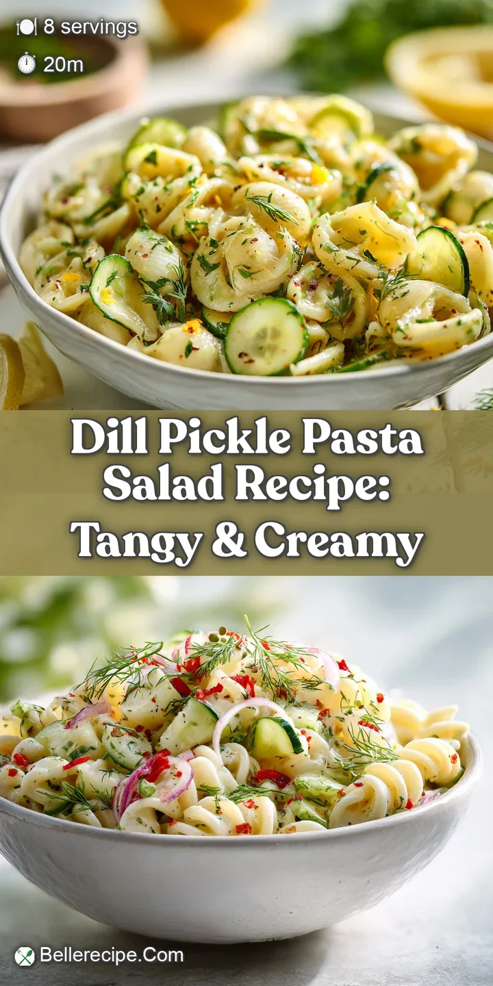 Close-up of tangy pasta salad: creamy dressing clinging to pasta, studded with dill, pickles, and red onion.