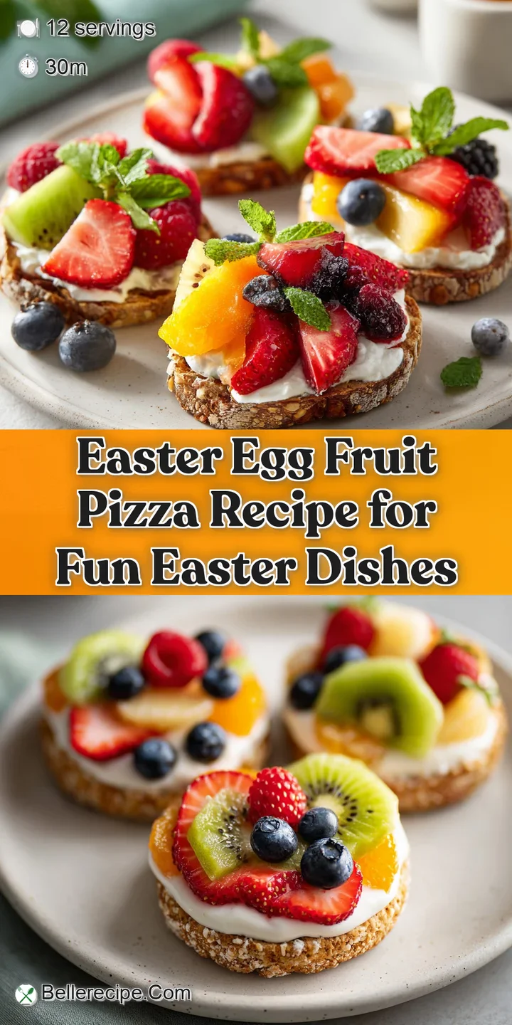 Close-up of an Easter egg fruit pizza, highlighting the textures of soft frosting and juicy mixed fruit toppings.