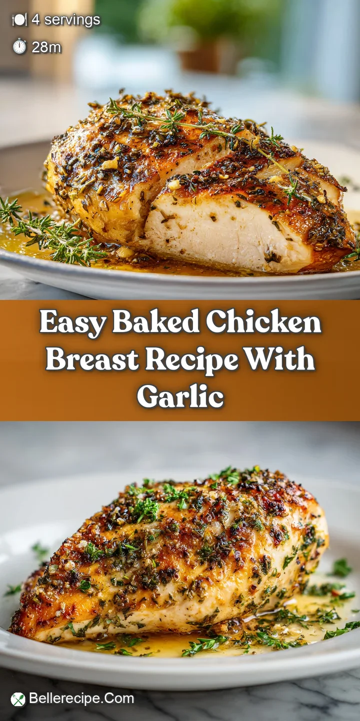 Close-up of a perfectly baked chicken breast, showcasing its tender, moist texture and glistening garlic-herb infused surf...
