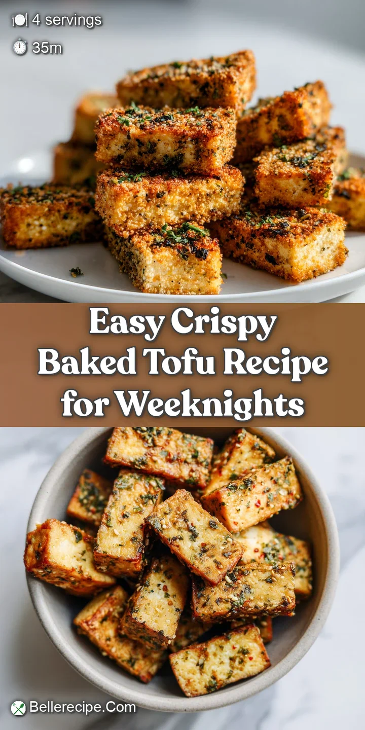 Close-up showcases the golden-brown, crinkled surface of the baked tofu. Glistening oil catches the light, emphasizing its...