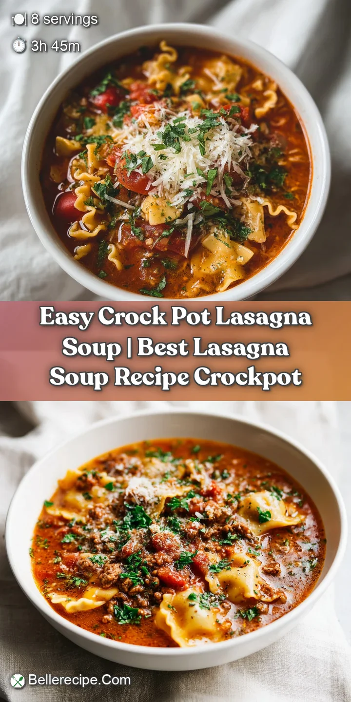 Close-up of bubbling lasagna soup, revealing tender beef crumbles, soft noodles, and a swirl of marinara sauce.
