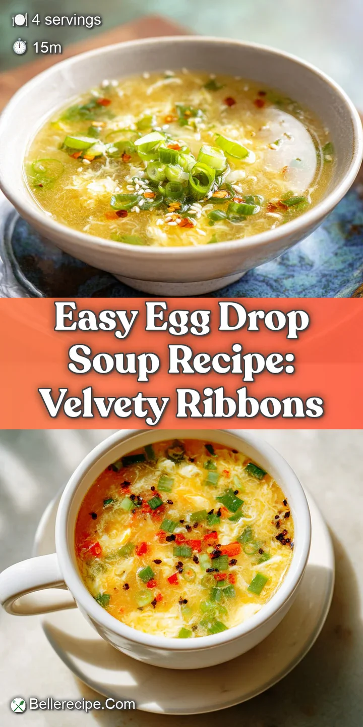 Close-up captures the silky texture of egg strands suspended in the clear, shimmering broth. Flecks of green onion add a f...